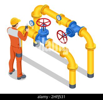 Isometrische Ventile und Rohrleitungen, Kommunikation, Absperrventile, Geräte für Gaspumpstation. Öffnen oder Schließen des Rohrleitungsventils Gasindustrie, Gas Stock Vektor