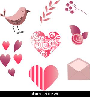 valentinstag Set Vogel, Rosen, Zweig mit Blättern und Herzen, Briefumschlag. Stock Vektor
