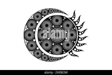 Spirale keltischer Mond und keltische Sonne, esoterische und okkulte Zeichen, Halbmondmuster, esoterische strahlende Sonne, Vektordarstellung isoliert auf Weiß Stock Vektor