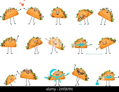 Netter Charakter mexikanischer Taco mit glücklichen oder traurigen Emotionen, Panik, liebevollem oder tapferem Gesicht, Händen und Beinen. Fröhliche Fast-Food-Person, Sandwich mit Maske, Gläser oder Hut. Vektorgrafik flach Stock Vektor