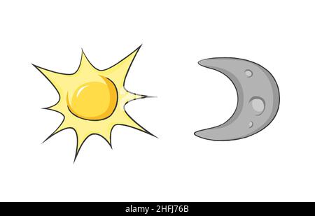 Sonne und Mond Cartoon Stil Vektor Kinder Illustration. Lustige Kinder Zeichnung. Niedlichen Tag Nacht gesetzt Stock Vektor