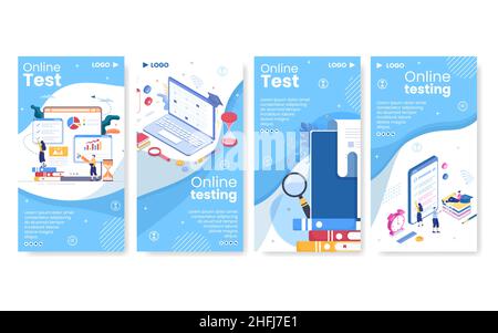 Online Testing Course Stories Template Flat Design Illustration editierbarer quadratischer Hintergrund für Social Media, E-Learning und Bildungskonzept Stock Vektor
