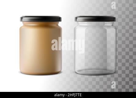 Realistisches Vektorsymbol. Glas. Transparente Dose mit Kunststoffdeckel. Leere und volle Flasche. Stock Vektor