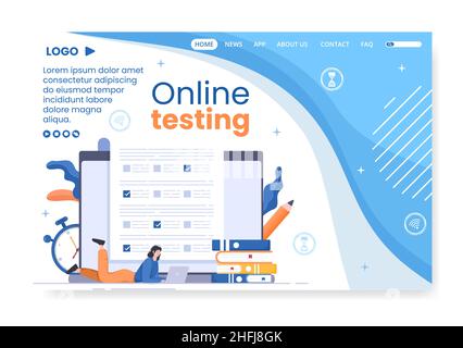Online Testing Course Landing Page Template Flat Design Illustration editierbarer quadratischer Hintergrund für Social Media, E-Learning und Bildungskonzept Stock Vektor