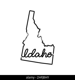 Idaho US State Outline Karte mit dem handschriftlichen Staatsnamen. Kontinuierliche Linienzeichnung des patriotischen Heimatzeichens. Eine Liebe für eine kleine Heimat. T-Shirt-Druck Stock Vektor