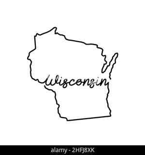 Wisconsin US State Outline Karte mit dem handschriftlichen Staatsnamen. Kontinuierliche Linienzeichnung des patriotischen Heimatzeichens. Eine Liebe für eine kleine Heimat. T-Shirt p Stock Vektor