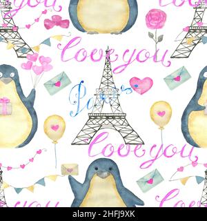 Design-Set mit entzückenden Kawaii Pinguin Vogel mit Herzen und Liebe Symbole isoliert auf weiß, Konzept für Valentinstag Grußkarte Stockfoto