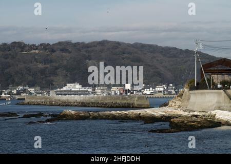 Minamichita, Aichi, Japan, 2022/15/01 , Blick vom Hafen Toyohama aus ist eine kleine Stadt auf der Chita Halbinsel (Chita Hantou) eine Halbinsel Stockfoto