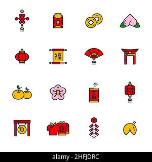Chinesische Neujahr Pixel perfekte farbige Symbole gesetzt. Mondfrühlingsfeste Symbole. Laternen, Kirschblüten, Pfirsich, Grüße und Wünsche. Stock Vektor