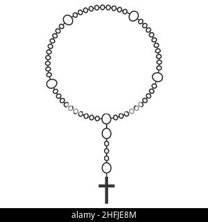 Rosenkranz Perlen Linie Illustration. Gebetsschmuck für Meditation. Katholischer Kaplet mit Kreuz. Religionssymbol. Vektor Stock Vektor