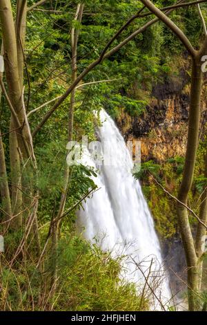 Dramatische Aussicht auf die Wailua Wasserfälle auf Kauai Island, Hawaii Stockfoto