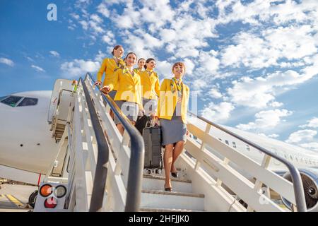 Fröhliche Flugbegleiterinnen in Flugzeuganzügen mit Reisekoffern und lächelnd beim Betreten der Treppen Stockfoto