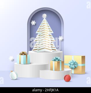 Vector Papier geschnitten Weihnachtsszene mit Display Podien für Winterferien Geschenke, kosmetische Produkte Werbung. Stock Vektor