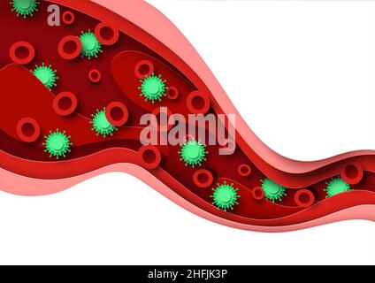 Bakterielle oder virale Infektion im Blut, Vektorpapier Schnitt Illustration. Medizinisches Poster, Bannervorlage mit Kopierfläche. Stock Vektor