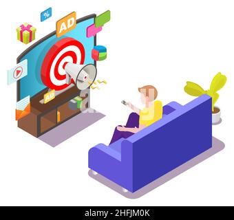 Mann, der gezielte TV-Anzeigen ansieht, Vektor-isometrische Illustration. Adressierbare TV-Werbetechnologien, zielgerechntes Marketing. Stock Vektor