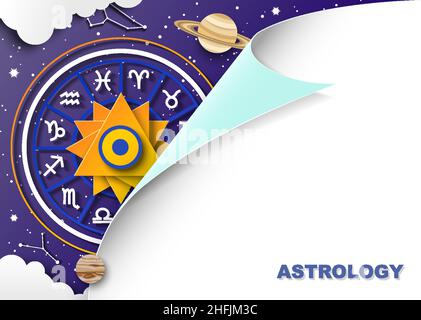 Tierkreisrad mit zwölf Horoskopzeichen, Planeten, Sternenhimmel, Konstellationen, Vektorpapier-Schnittdarstellung. Astrologie. Stock Vektor