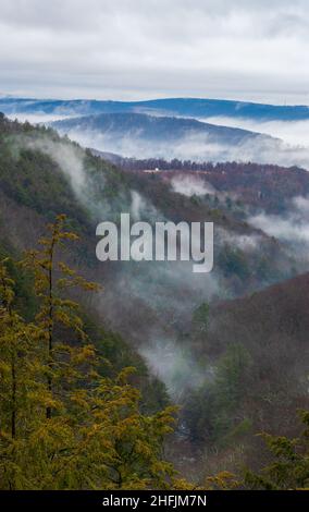 Valley Nebel - eine winterliche Landschaft in den Taconic Mountains, vom Gipfel auf den Bash Bish Falls in Richtung Copake Falls. Stockfoto