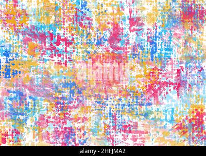 Abstrakte Kunst Hintergrund mit lebendigen Farben. Aquarellmalerei auf Leinwand mit blauen, roten und gelben Pinselstrichen. Fragment der Grafik auf Papier mit Stockfoto