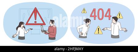 Technisches Problem und Seite nicht gefunden Konzept. Eine Gruppe von Geschäftsleuten, die technische Probleme in Computern haben und sich über Fehler auf der Vektorgrafik frustriert fühlen Stock Vektor