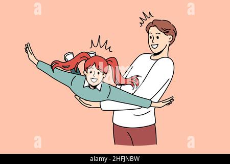 Mit Spaß und positive Emotionen Konzept. Lächelnd positive fröhliche Bruder hält Schwester auf den Händen wie Fliegen Spaß zusammen Vektor-Illustration Stock Vektor