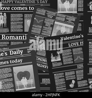 Zeitung zum Valentinstag mit nahtlosem Muster. Hintergrund mit Titelkopf, unlesbarer Text, Retro. Vektorgrafik Vintage Stock Vektor