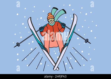 Winteraktivitäten und Sportkonzept. Junger lächelnder Mann Sportler Skifahrer in Sportkleidung gehen, um Pisten auf Ski im Winter mit Spaß Vektor Illustration fahren Stock Vektor