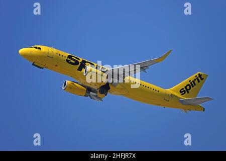 11. Aug. 2019 - Los Angeles, CA / USA: Ein Airbus A320-232, der von Spirit Airlines betrieben wird, wird während des Tages vom LAX abheben gezeigt. Stockfoto