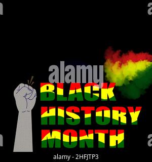 Black History Month Celebration Concept Poster auf schwarzem Hintergrund mit Heben der Hand - jeder ist gleich Concept Poster Stockfoto