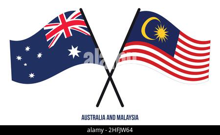Australien und Malaysia Flaggen gekreuzt und winken im flachen Stil. Offizieller Anteil. Korrigieren Sie Die Farben. Stock Vektor