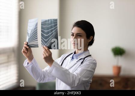 Fokussierte tausendjährige indische Ärztin, die Röntgenaufnahmen analysiert. Stockfoto
