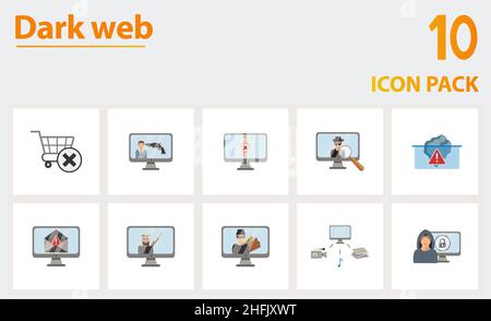 Dunkles Web-Symbol festgelegt. Sammlung von einfachen Elementen wie dem Schwarzmarkt, Cyber-Hitman, Inhalte für Erwachsene, Inkognito-Browsing, Torrent-Netzwerk, Internet Stock Vektor