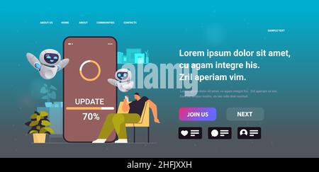 Mann mit Robotern Helfer Update Betriebssystem Update-Prozess installieren neue Software auf Smartphone künstliche Intelligenz Stock Vektor