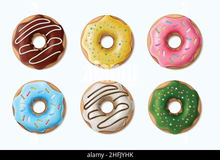 3D realistische Vektor-Sammlung von bunten Donuts, glasiert in Schokolade. Stock Vektor