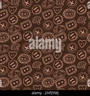 Nahtloses, monochromes Knopfmuster. Verschiedene Arten von Armaturen. Knöpfe in verschiedenen Formen und Größen. Vektorgrafik „Doodle“. Stock Vektor