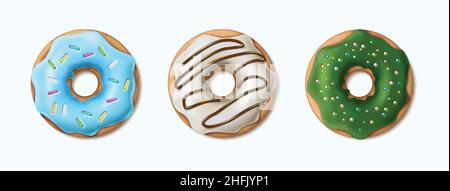 3D realistisches Vektor-Icon-Set. Bunte, in blauer, weißer und grüner Schokolade gesprenkelte Dougnüsse. Stock Vektor