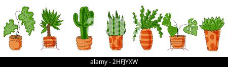 Eine Reihe von Zimmerpflanzen in verschiedenen Töpfen. Exotische Monstera, Dracaena, Kaktus und andere Grünflächen Dekorationen. Stock Vektor