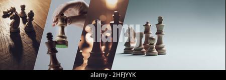 Schachspiel: Luxuriöses Schachset aus Holz und Spieler, die sich auf dem Schachbrett bewegen, Strategie- und Taktiken-Spiele, Fotocollage-Banner Stockfoto