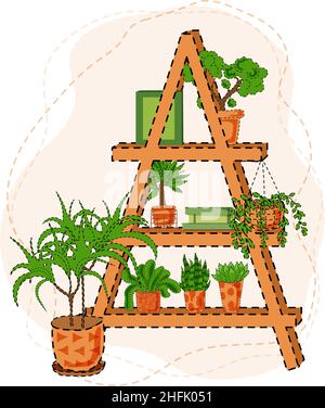 Zimmerpflanzen auf einer Holztreppe. Umweltfreundliches Innendesign mit Kaktus, Monstera, Dracaena und Bansai. Vektorgrafik in einem flachen Stil. Stock Vektor