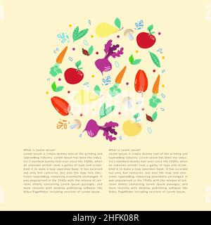 Gemüse und Obst in einem flachen Stil im Kreis. Die Vorlage eignet sich für Gesundheitsmagazine, Food-Websites und Restaurantbriefe. Ernährung und Stock Vektor