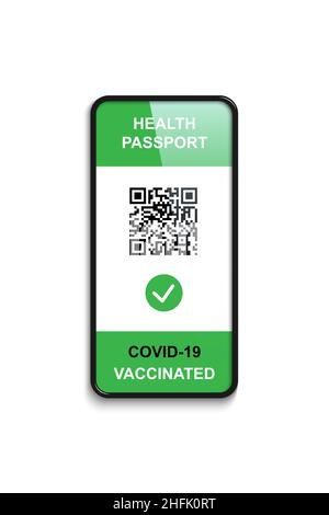 Zertifikat des Impfstoffs von Corona auf Handy-Bildschirm Vektordarstellung. Green Pass im Covid Pass, Smartphone App über Impfschutz mit Stock Vektor