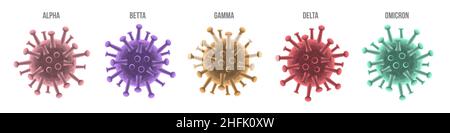 Coronavirus-Symbole, Varianten des Coronavirus aus griechischer Alphabet-Vektordarstellung. 3D Alpha beta gamma Delta und omicron Keimball mit Proteinspitze Stock Vektor