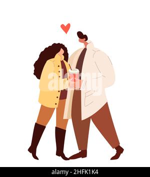 Liebevolles Paar Mann, Frau, die Hände umarmt, umarmt, zu Fuß, trinken Kaffee.Happy Lover Beziehung, Dating, Happy Lifestyle.Romantic Verbindung Gefühle, Emotionen, Romantik, Love.Cartoon Vektor Illustration Stock Vektor