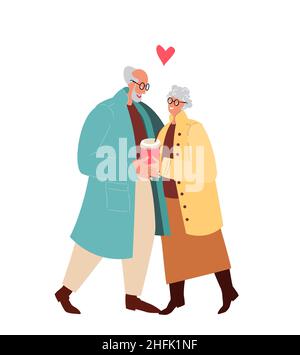 Glücklicher alter Mann, Frau umarmt, umarmt.Loving ältere Paar trinken Kaffee, romantische Beziehungen.aged Charaktere Dating, Senioren Liebe, Verbindung, Romantik Gefühle Concept.Cartoon Menschen Vektor Illustration Stock Vektor