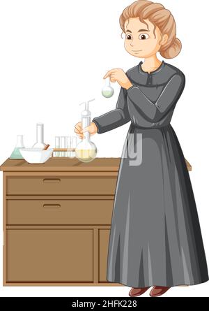 Marie Curie Zeichentrickfigur auf weißem Hintergrund Illustration Stock Vektor