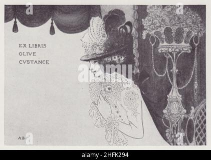 Buchteller von Olive Custance (Lady Alfred Douglas), 1897. Die englische Dichterin Olive Custance war eine Autorin der literarischen Zeitschrift The Yellow Book. Beardsley war sein erster Kunstredakteur, aber der Verleger John Lane verzichtete nach dem Oscar Wilde-Skandal auf die Dienste von Beardley. Wilde hatte eine homosexuelle Affäre mit Lord Alfred Douglas, der Wilde später ablehnte und Olive Custance 1902 heiratete. Aus „The Best of Beardsley“, herausgegeben von R. A. Walker, [The Bodley Head, London, 1948] Stockfoto