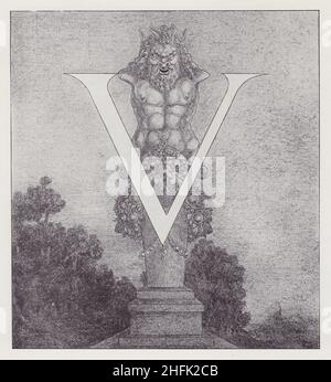 Anfangsbuchstabe V (Satyr) an Volpone, 1898. Illustration für eine Ausgabe von Ben Jonsons gleichnamigem Comedy-Stück, herausgegeben von Leonard Smithers. Dies und vier andere waren die einzigen von vierundzwanzig Zeichnungen, die Beardsley fertig zu stellen schaffte, bevor er im Alter von 25 Jahren an Konsum starb. Aus „The Best of Beardsley“, herausgegeben von R. A. Walker, [The Bodley Head, London, 1948] Stockfoto