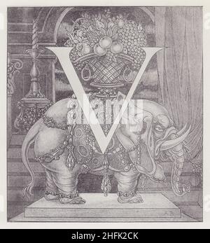 Anfangsbuchstabe V (Elefant) an Volpone, 1898. Illustration für eine Ausgabe von Ben Jonsons gleichnamigem Comedy-Stück, herausgegeben von Leonard Smithers. Dies und vier andere waren die einzigen von vierundzwanzig Zeichnungen, die Beardsley fertig zu stellen schaffte, bevor er im Alter von 25 Jahren an Konsum starb. Aus „The Best of Beardsley“, herausgegeben von R. A. Walker, [The Bodley Head, London, 1948] Stockfoto