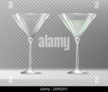 Realistisches Vektorsymbol. Set aus zwei Gläsern mit martini. Leer und voll. Isoliert auf transparentem Hintergrund. Stock Vektor