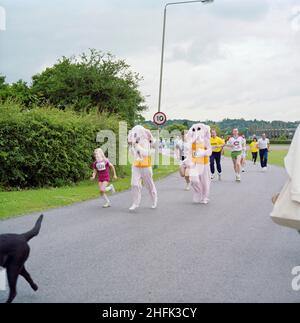 Copthall Stadium, Hendon, Barnett, London, 09/07/1988. Zwei Teilnehmer, die in pinken Elefantenkostümen an einem 5km-Rennen im Copthall Stadium teilnehmen. Dieses Straßenrennen 10km war Teil einer Wohltätigkeitsveranstaltung, die am 9th. Juli 1988 im Copthall Stadium stattfand, mit dem Ziel, Geld für den Great Ormond Street Hospital Appeal zu sammeln. Laing-Teams aus verschiedenen Abteilungen im ganzen Land nahmen daran Teil. Stockfoto