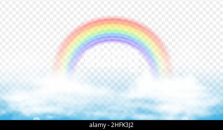 Realistisches Vektorsymbol. Farbenfroher Regenbogen auf weißen Wolken. Stock Vektor